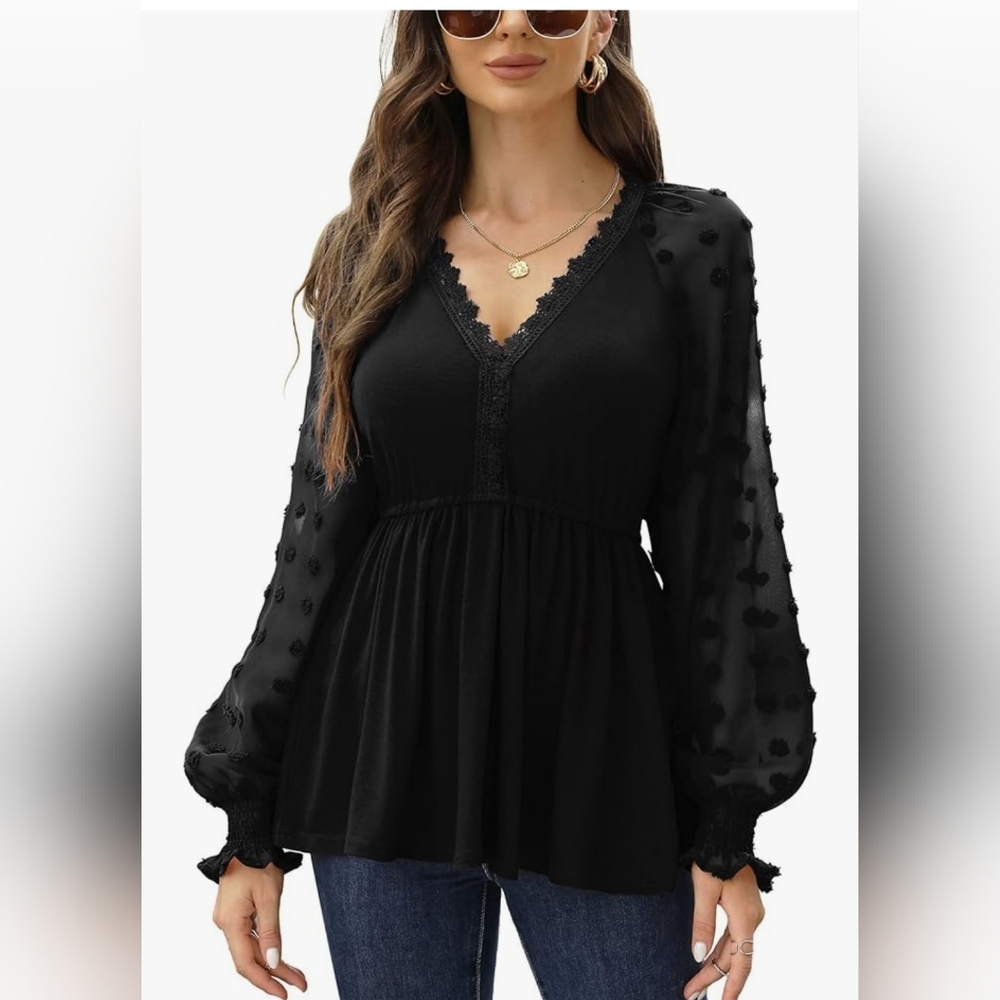 New with tags! Womens Black swiss dot long sheer sleeve lace blouse